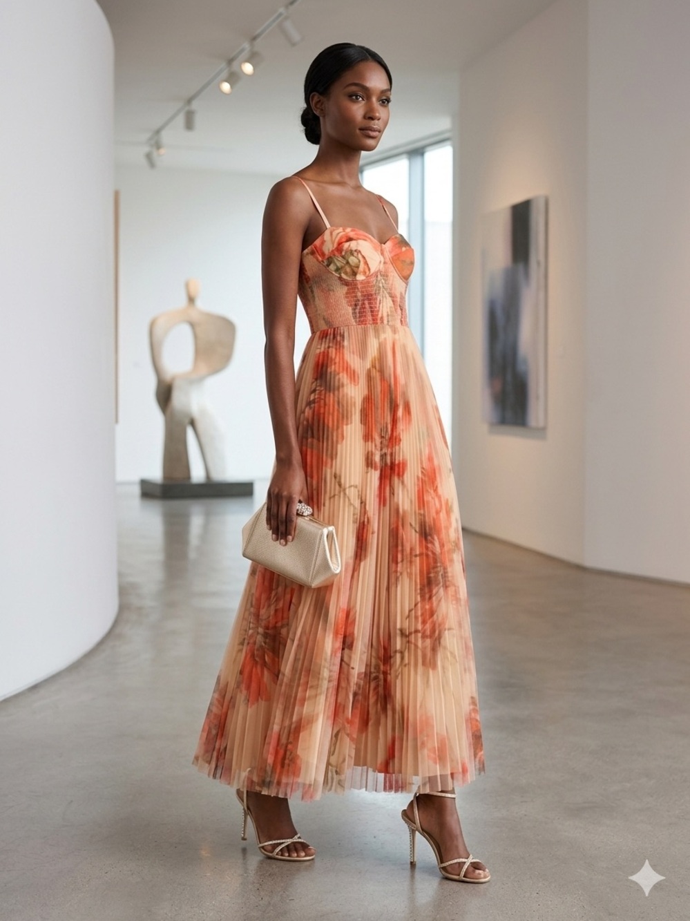 Hutch Peach & Coral Floral Pleated Midi Dress. NWT, Small